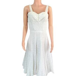 Vintage 50s 60s White Cotton Sundress Crochet Lace Fit & Flare Midi Dress Sz S/M